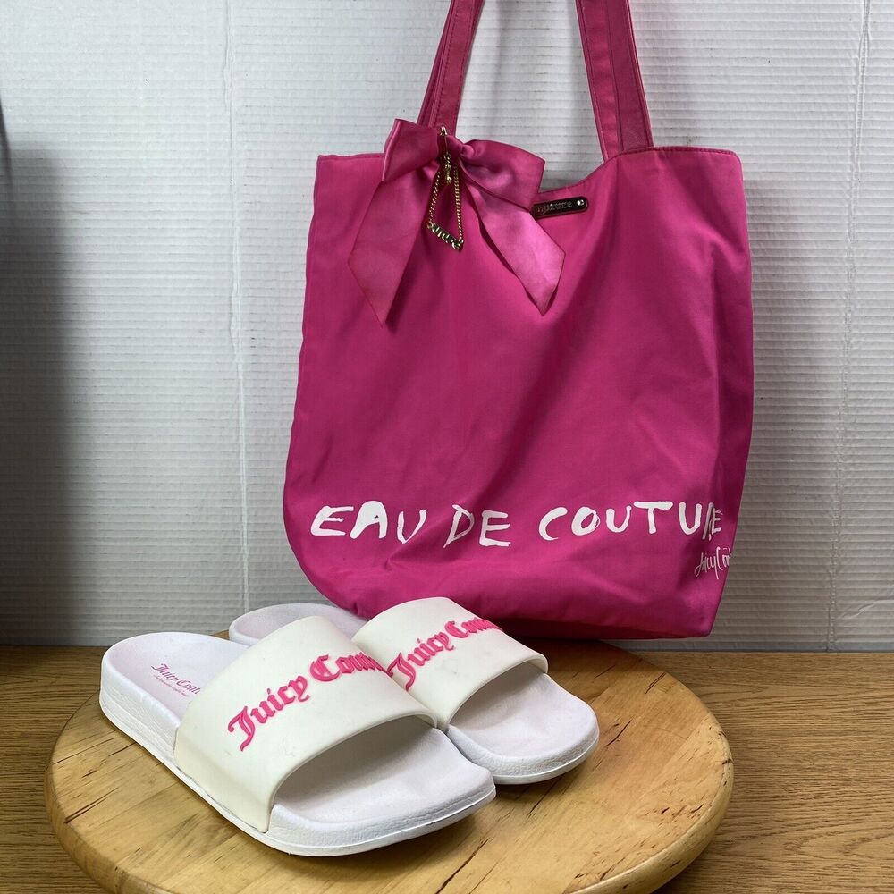 Juicy Couture Bundle Womens Sz 10 White Pink Slip-On Slide Sandals & Sachel Bag